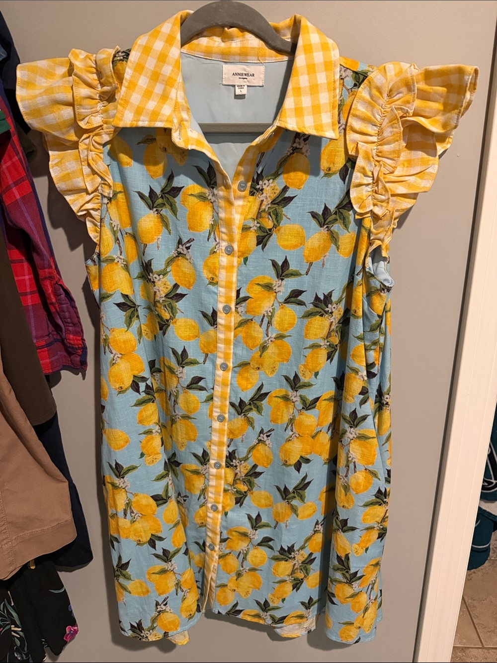 Woman’s large Annie Lemon Print Ruffle-Sleeve Shirt Dress in Yellow and Blue